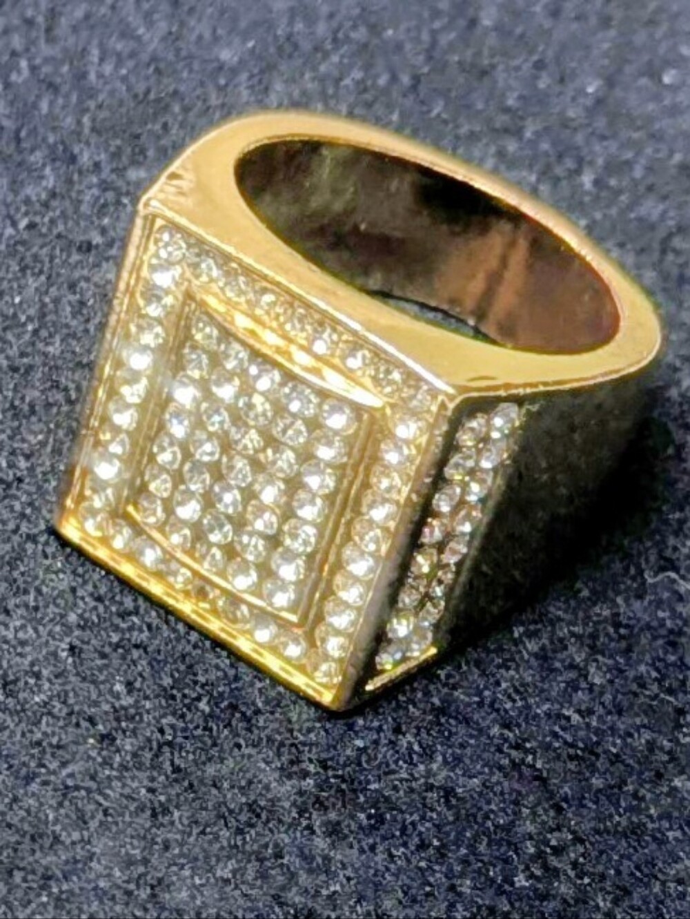 Men's Gold Tone Iced-Out Pavé Signet Ring - Rectangular Chunky Ring + FREE GIFT